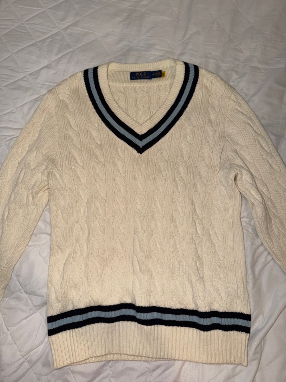 Polo by Ralph Lauren Cream Cable-Knit V-Neck Sweater with Blue Stripes - Picture 2 of 5